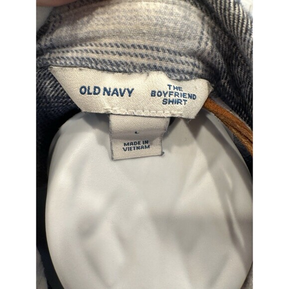 Old Navy L Blue White Plaid Flannel Boyfriend Shirt Long Sleeve Cotton Button-Up - Picture 5 of 11